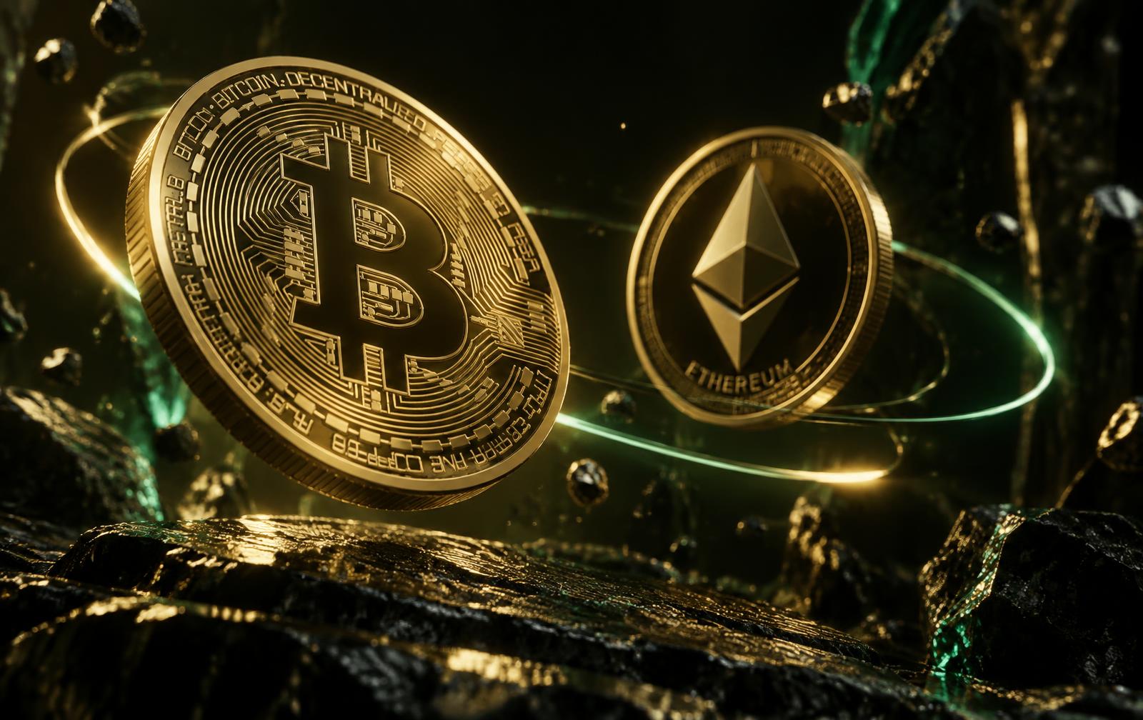 Gold Bitcoin and Ethereum coins