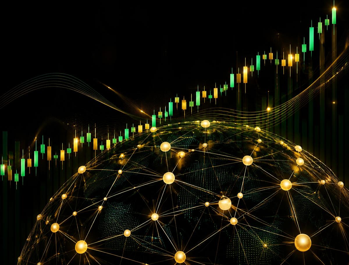 Blockchain network and rising market chart